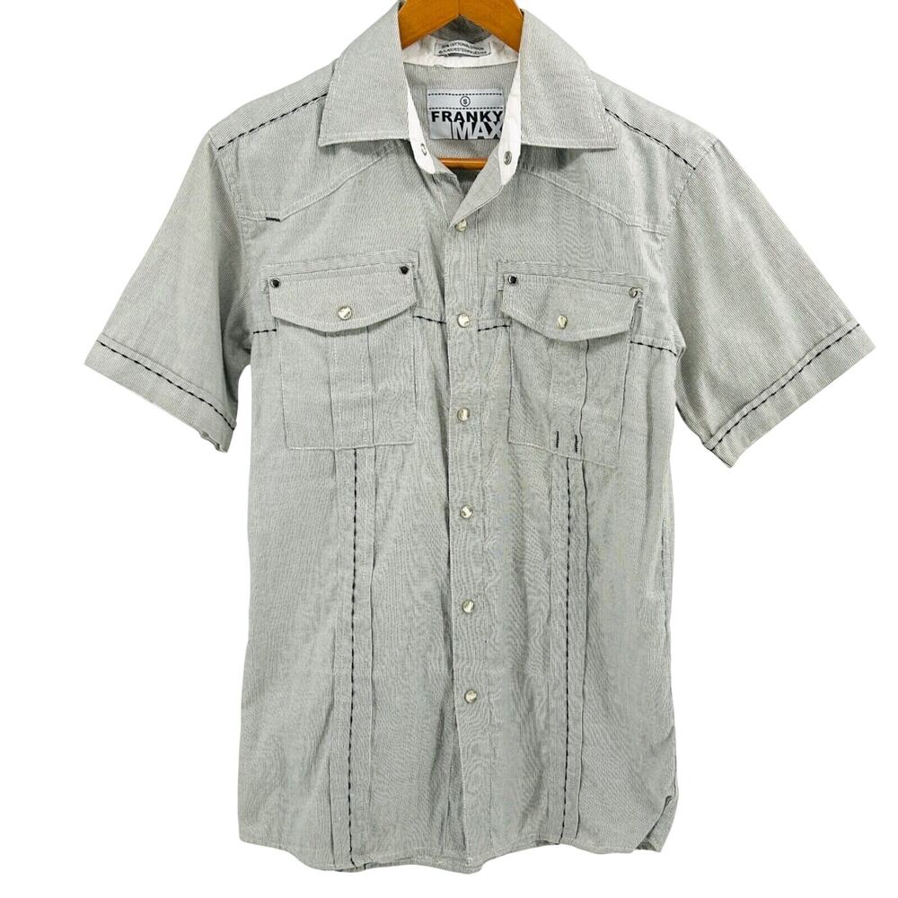 Vintage Y2K Franky Max Grey White Western Pearl Snap Pockets Short Sleeve Shirt